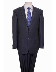 Designer Affordable Inexpensive Men's Striped Pattern Dark Navy Suit with Flat Front Pant
