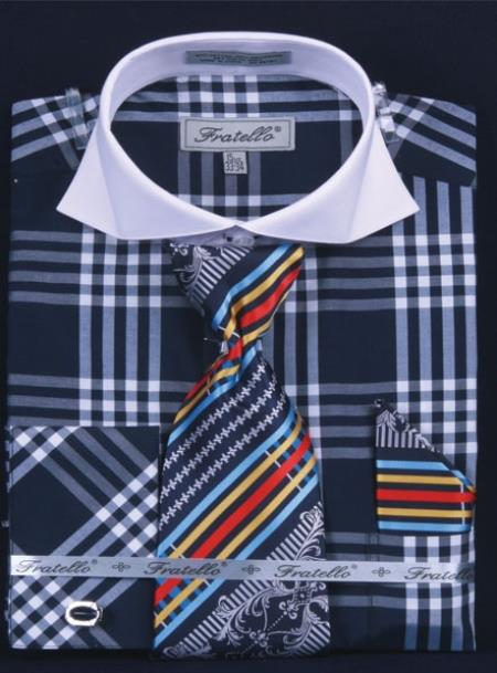 blue shirt with white collar and cuff dress shirts Men's Blue White Stripe Non-Iron Classic Fit Winchester Formal Shirt With Double Cuffs