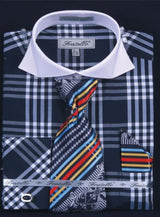 French Cuff Set White Collar Two Toned Contrast Deep Checker Navy Plaid ~ Windowpane Men'S Dress Shirt