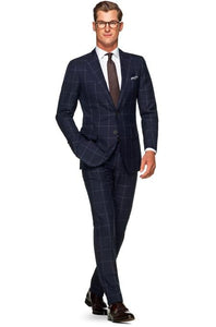 Navy Blue Suit - Navy Suit Mens 2 Button Windowpane checkered check pattern Dark Navy Slim Fit Suit