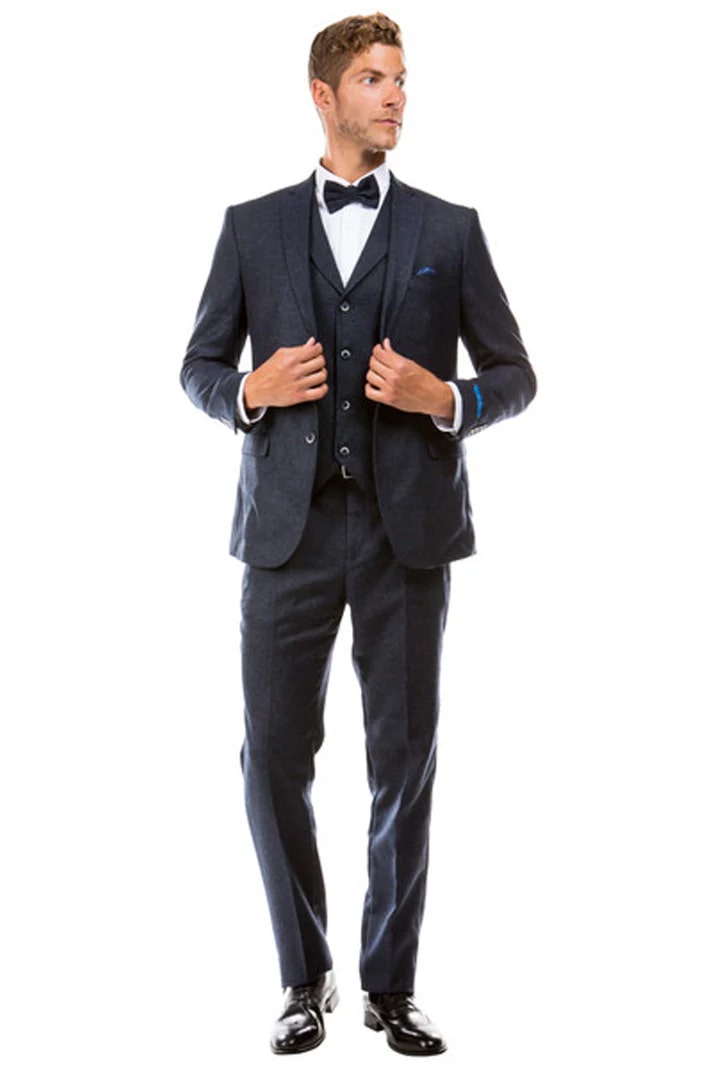 Cheap priced Suit - Men's Two Button Vested Vintage Style Tweed Wedding Navy Suit - Image 2