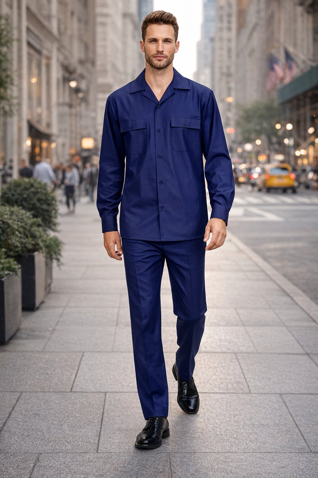 Mens Luxury Navy Blue Wool Two-Piece Leisure Walking Suit - Image 4