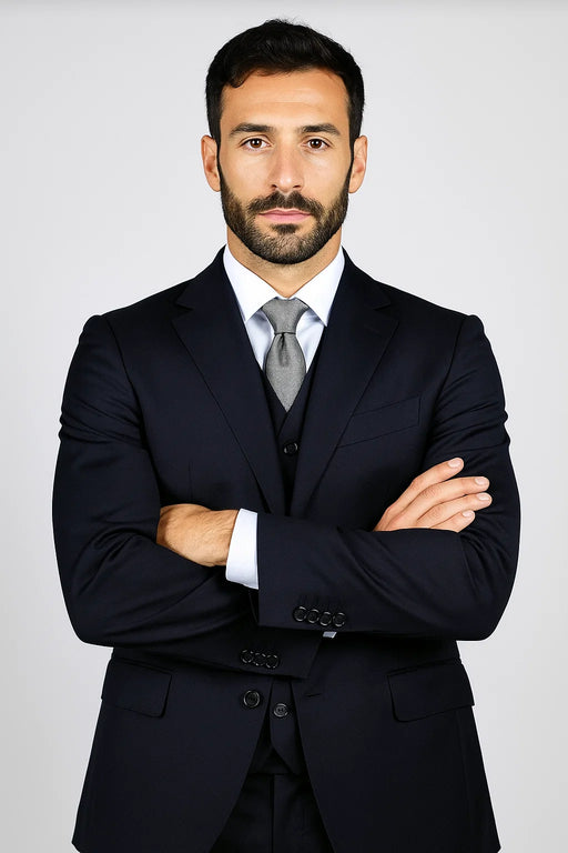 Classic Fit - 100% Navy Suit - Three Button Vested Suit - Athletic Fit - 100% Percent Wool Fabric Suit - Worsted Wool Business Suit