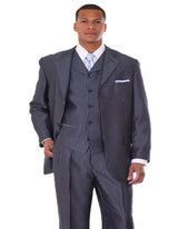 Three Button Suit - Classic Fit Pleated Pants - Mens 3 Button Vested Shiny Sharkskin Narrow Pinstripe Navy Blue Suit