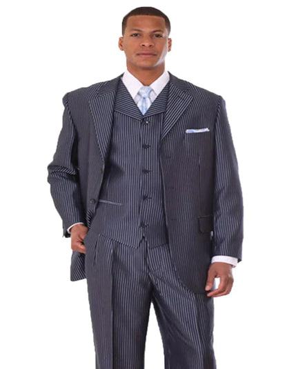 Three Button Suit - Classic Fit Pleated Pants - Mens 3 Button Vested Shiny Sharkskin Narrow Pinstripe Navy Blue Suit