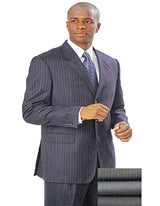 Three Button Suit - Classic Fit Pleated Pants - 3 Button Mens 100% Wool Classic Navy Pinstripe Suit