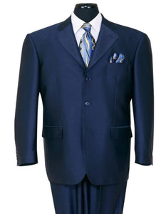 Three Button Suit - Classic Fit Pleated Pants - Mens Classic Fit 3 Button Shiny Sharkskin Navy Suit