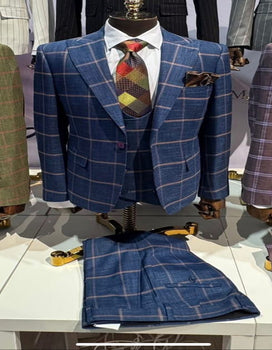 Rossiman Men’s Navy & Gray Plaid Suit – Classic Windowpane Double-Breasted Design
