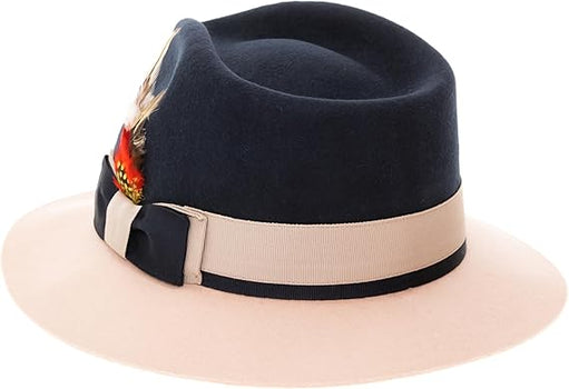 Gangster 100% Australian Wool Crushable Mens Fedora Hat - Removable Feather Gangster Navy and White Mens Fedora Hat