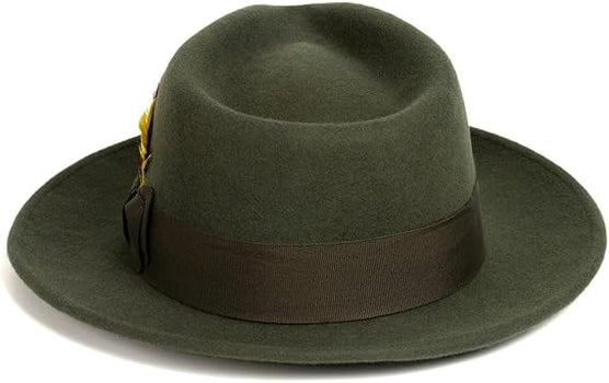Gangster 100% Australian Wool Crushable Mens Fedora Hat - Removable Feather Gangster Olive Green Mens Fedora Hat