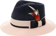 Gangster 100% Australian Wool Crushable Mens Fedora Hat - Removable Feather Gangster Navy and White Mens Fedora Hat
