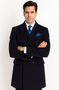 Navy Blue Overcoat - Blue Winter Topcoat - Fabric Double Breasted