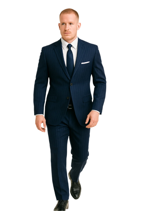 Dark Navy Wide Pinstripe 2 Button Men's Suit - Dark Blue Suit