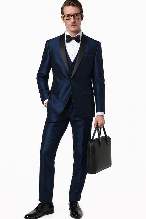 Men’s Light Navy Blue Satin Tuxedo with Black Shawl Lapel and Three-Piece Design  in Spahire Blue Color