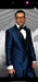 Men’s Light Navy Blue Satin Tuxedo with Black Shawl Lapel and Three-Piece Design  in Spahire Blue Color