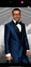 Men’s Light Navy Blue Satin Tuxedo with Black Shawl Lapel and Three-Piece Design in Spahire Blue Color