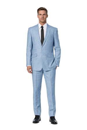 New Mens 2 Piece Luxurious 100% Mens Linen Suit - Cheap Priced Business Suits Clearance Sale 2 Buttons Blue