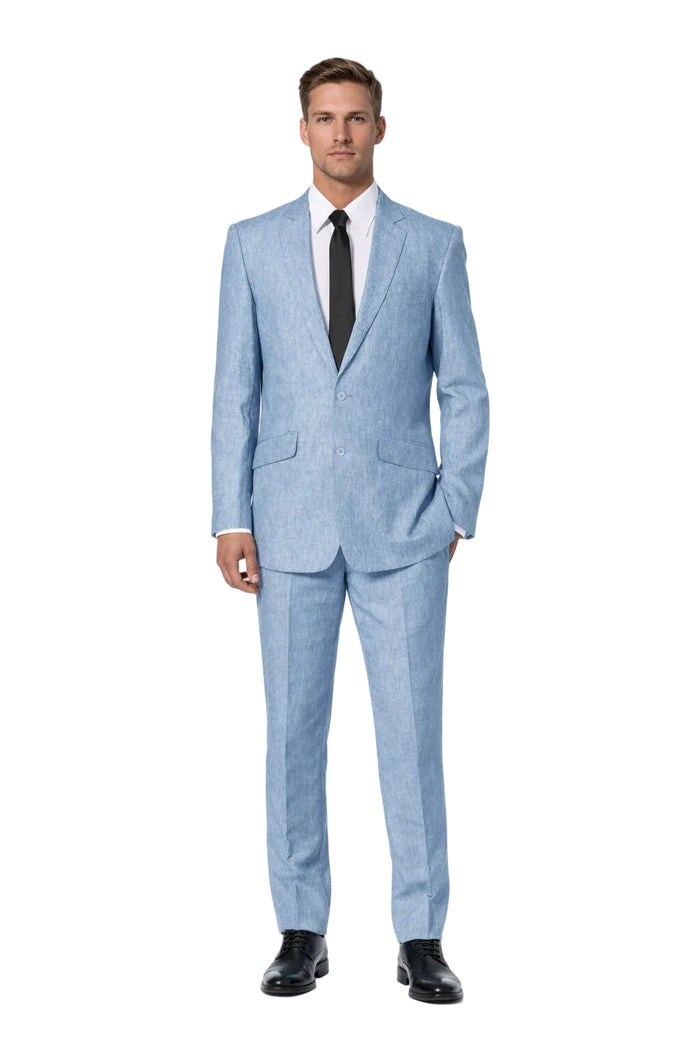 New Mens 2 Piece Luxurious 100% Mens Linen Suit - Cheap Priced Business Suits Clearance Sale 2 Buttons Blue