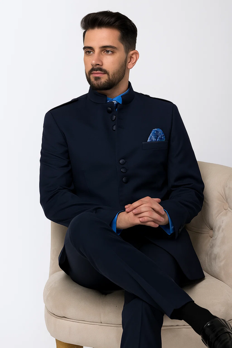  No Collar - Navy Blue Suit