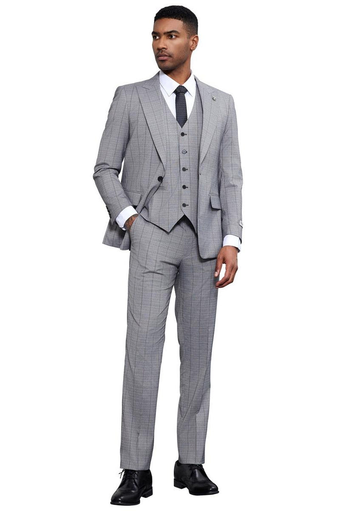 Men's Stacy Adams Modern Fit Vested Tonal Windowpane Plaid Suit in Light Grey - Image 3