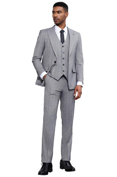 Men's Stacy Adams Modern Fit Vested Tonal Windowpane Plaid Suit in Light Grey - Image 3