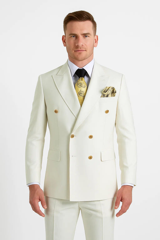 Off White - Ivory - Cream Color White Double Breasted Stylish Peaked Lapel Men Suits