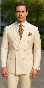 Off White - Ivory - Cream Color White Double Breasted Stylish Peaked Lapel Men Suits