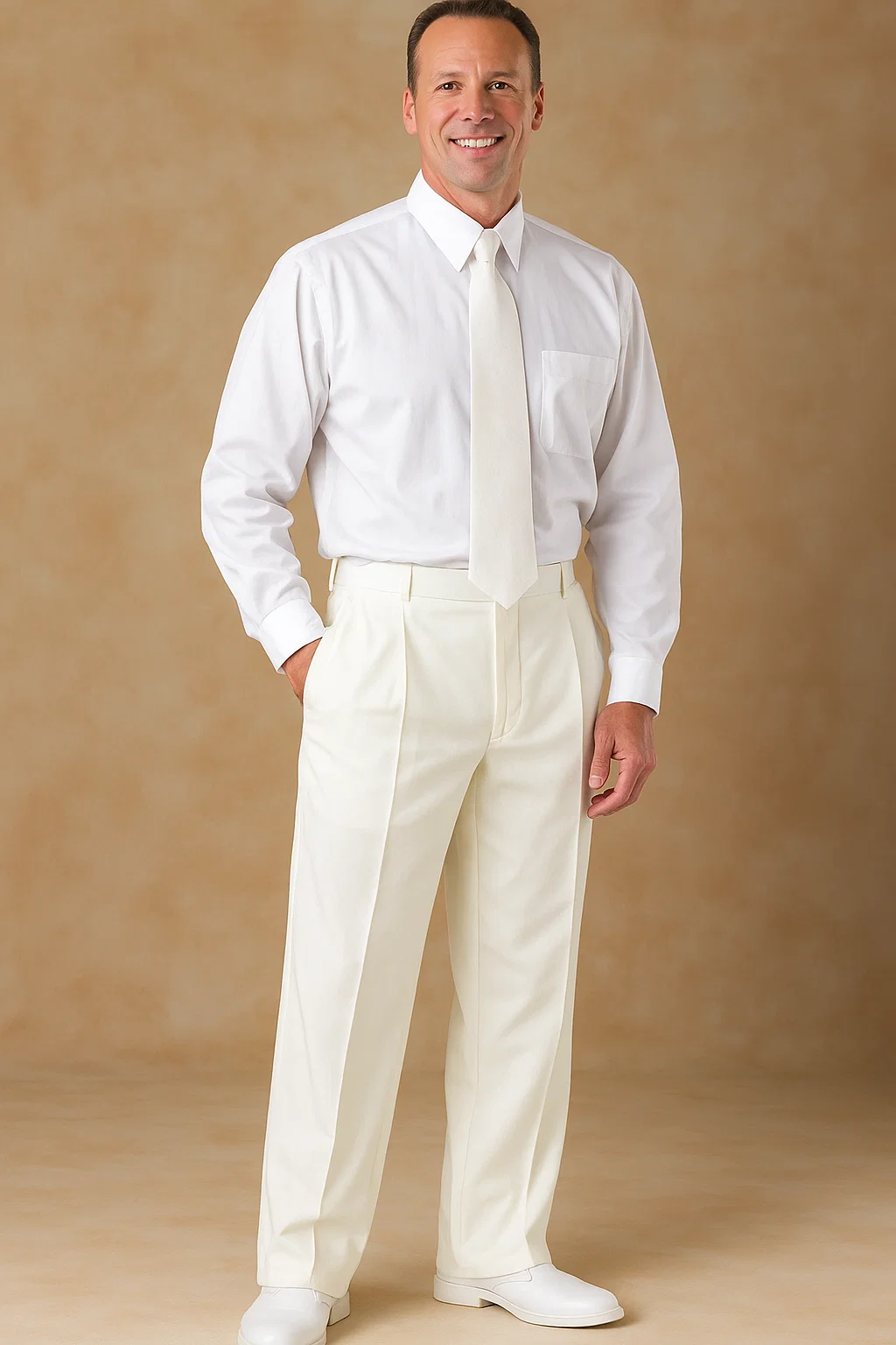 Ivory ~ Cream ~ Off White Pleated or Flat Front Dress Rayon Fabric Pant Slacks For Men unhemmed unfinished bottom - Cheap Priced Dress Slacks For Men On Sale - Image 2