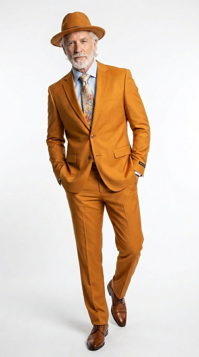 Men’s Light Rust Copper 2 Button Modern Fit Suit, Fall Color Church Dress Suit
