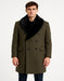 Mens Olive Green Wool Overcoat with Black Faux Fur Shawl Collar – Double Breasted Winter Coat