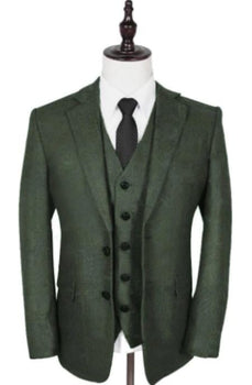 Olive Peaky Green 3 Piece Tweed Men'S Suits