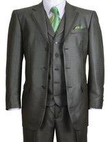 Three Button Suit - Classic Fit Pleated Pants - Mens 3 Button Vested Textured Shiny Sharkskin Olive Green Church Suit