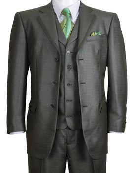 Three Button Suit - Classic Fit Pleated Pants - Mens 3 Button Vested Textured Shiny Sharkskin Olive Green Church Suit
