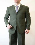 Three Button Suit - Classic Fit Pleated Pants - Men's Basic Three Button Poplin Olive Suit