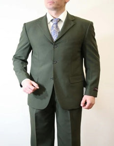 Three Button Suit - Classic Fit Pleated Pants - Men's Basic Three Button Poplin Olive Suit