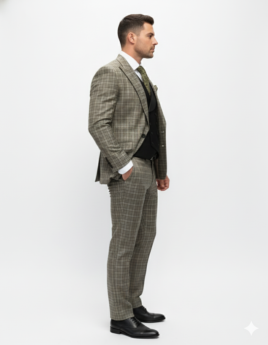 Statement Suits - Wool Suits - Peak Lapel Suits - Ticket Pocket - Modern Fit - Olive Suit