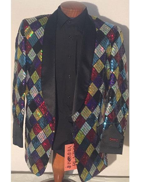 Alberto Nardoni Brand Men'S Black Shawl Lapel 1 Button Style Multicolor Printed Blazer