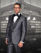 Men's One Button Classic Three Piece Sharkskin Suit With Solid Black Satin Shawl Collar Blue