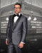 Men's One Button Classic Three Piece Sharkskin Suit With Solid Black Satin Shawl Collar Blue