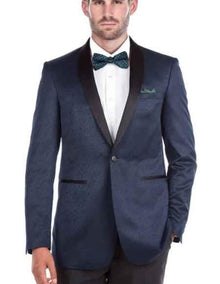 Renoi Men's Shawl Collar 1 Button Blue Textured Tuxedo Slim Fit Double Vent Blazer
