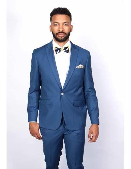 Men's Slim Fit Suit - Fitted Suit - Skinny Suits Men's Blue 1 Button Closure Rossiman Rossi Skinny Suit