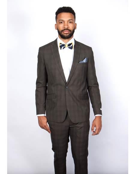 Men's Brown Plaid Slim Fit Suit by Rossiman Rossi – Peak Lapel Jacket & Tapered Pants - Image 9