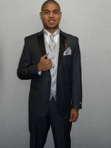 Men's One Button Charcoal Gray ~ Grey Slim Fit Tuxedo Suit with Black Lapel - Mens Grey And Black Tuxedo Wedding - Charcoal Grey Tuxedo