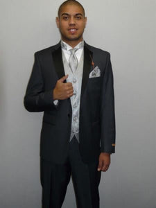 Men's One Button Charcoal Gray ~ Grey Slim Fit Tuxedo Suit with Black Lapel - Mens Grey And Black Tuxedo Wedding - Charcoal Grey Tuxedo