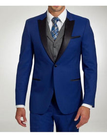 Men's Stylish One Button Peak Black Lapel Cobalt Blue Trim Fit Suit