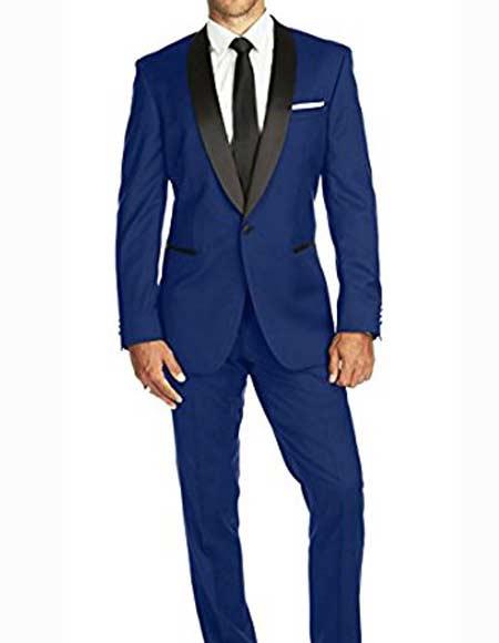 Authentic Braveman Men's One Button Satin Shawl Lapel Slim Fit Solid Indigo ~ Bright Blue Blue Tuxedo Suit