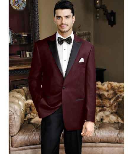 Men's 1 Button Side Vents Slim Fit Peak Lapel Merlot Tuxedo
