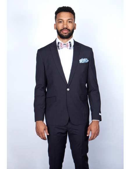 Men's Navy Blue Pinstripe Pattern 1 Button Suit