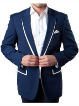 Men'S 1 Button Navy Summer Blazer With White Trim Accents Tuxedo Dinner Jacket