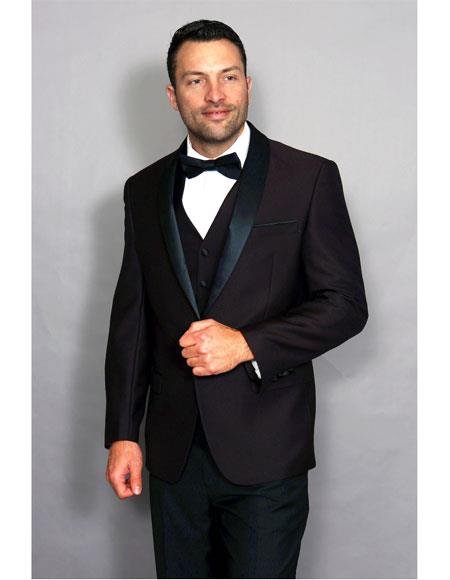 Men's 1 Button Black Shawl Lapel Plum vested Suit